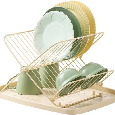 Folding Dish Drying Rack with Drip Tray Collapsible Dish Rack for Kitchen Counter 2 Tier Foldable Dish Drainers for Large Capacity Wire Expandable, Cream