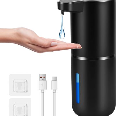 Automatic Soap Dispenser, 380 ml, Electric Soap Dispenser with Sensor, Wall Mounted with USB, Rechargeable, 4 Levels Adjustable Soap Dispenser (Black, Liquid Type)