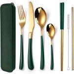 7 Pieces Stainless Steel Flatware Set Portable Reusable Cutlery Set Travel Utensils Set Including Chopsticks Knife Fork Spoon Straws Cleaning Brush Dishwasher Safe (7 Green Golden)