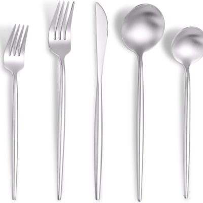 Matte Silverware Set for 4,Modern Stainless Steel Brushed Cutlery Set,20-Pieces Heavy Duty Flatware Set,Knives Spoons and Forks Set Utensils Set, Satin Finish, Dishwasher Safe