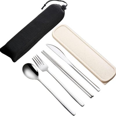 4-Piece Portable Travel Utensils Set with Case 18/10 Stainless Steel Flatware Set Reusable Cutlery Set with Fork Spoon Knife Chopstick for Lunch Travel Camping School Work Picnic (Silver)