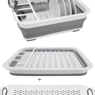 Collapsible Dish Rack and Drainboard Set Foldable Dish Drying Rack Portable Dish Drainer Dinnerware Organizer Rack Folding Tableware Storage Rack Cutlery Rack for Kitchen Counter RV Camper Accessories