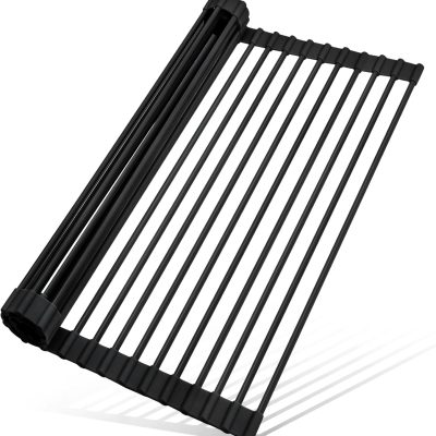 Roll Up Dish Drying Rack Silicone Wrapped Over The Sink Dish Drying Rack Multipurpose Foldable Sink Drying Mat Anti-Slip & Anti-Rust Dish Rack for Kitchen, 17.5" x 13", Black