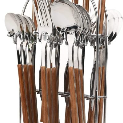 Silverware Set, 24 Piece Mirror Flatware Set With Stand, Stainless Steel Utensils With Wooden Handle, A Complete Cutlery Set For Most Families, Service For 6