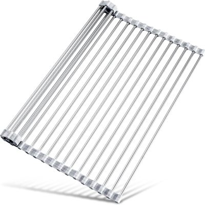 Stainless Steel Roll-Up Dish Drying Rack Marble Color Silicone Edges, Foldable Kitchen Rack Heat Resistant Trivet Supports up to 70 lbs, Food Safe for Dishes, Cookware & More