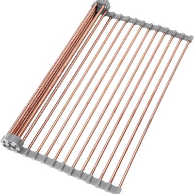 15.74" x 17"Large Roll Up Dish Drying Rack Over The Sink Dish Drying Rack,Stainless Steel Multipurpose Foldable Dish Drying Rack with Anti-Slip Silicone for Kitchen Counter Drainer,Rose Gold