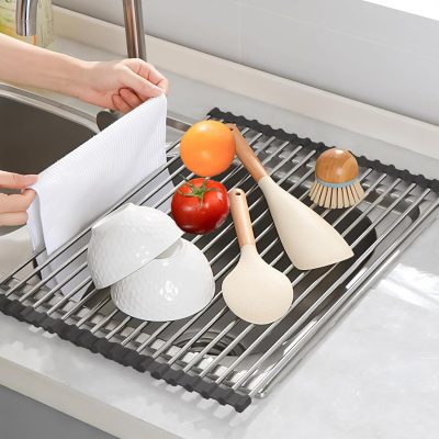 Dish Drying Rack, Stainless Steel, Dish Drying Rack, Roll Up Draining Rack, Foldable and Removable, for Kitchenware, Fruit, Vegetables (Black)