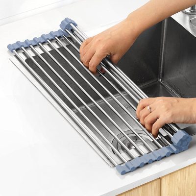 Stainless Steel Over Sink Dish Drying Rack, Roll Up Dish Drainer, Kitchen Dish Rack, Foldable Sink Dish Drainer (17.8''x11.8'')
