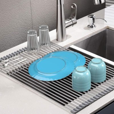 Roll-Up Dish Drying Rack, Stainless Steel Over Sink Dish Drying Rack, Multi-Use Foldable Dishes Holder Sink Drain for Kitchen Sink Countertop, 17.8’’L×15’’W, Gray