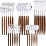 30-Piece Stainless Steel Silverware Set, Silver Mirror Polished Flatware Cutlery Set for 6, Tableware Eating Utensils Set for Home Restaurant Wedding, Dishwasher Safe (Wooden Effect Handle)