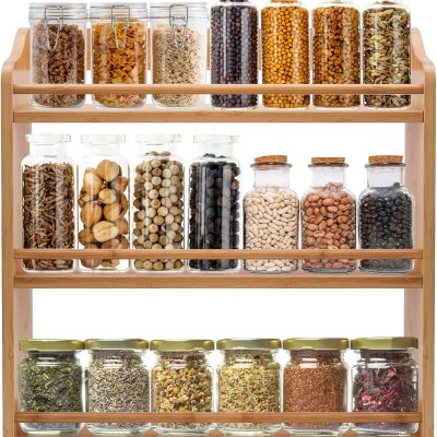 3-Tier Bamboo Spice Rack, 15.74" L x 5.11" W x 16.53" H, Wood Spice Jars Holder, Seasoning Rack Spice Bottle Shelf Organizer for Kitchen Countertop or Wall Mounting