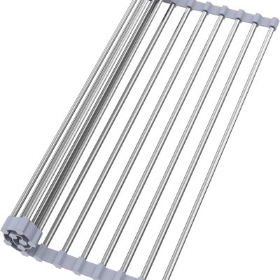 Roll Up Dish Drying Rack for Over Sink -17.5"x11.8" Foldable Stainless Steel Kitchen Drainer，Gray