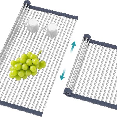 Extra Large Expandable Roll Up Dish Drying Rack, Stainless Steel, Over The Sink Dish Drying Rack, Foldable, Adjustable, Rollable, Gray, 25.1''-17.3''
