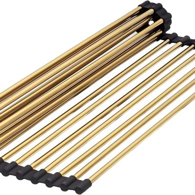 Gold Over Sink Dish Drying Rack, 17.7"x 11"Roll Up Dish Drying Rack, Silicone Wrapped Kitchen Rolling Dish Drainer, Anti-Slip Foldable Sink Rack Mat, Multipurpose Dish Racks For Kitchen Counter