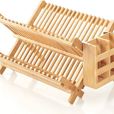 Dish Drying Rack Collapsible 2-Tier Bamboo Dish Rack for Kitchen Counter Wooden Dish Drainer with Foldable Space-Saving Design for Dishes, Plates, and Cups