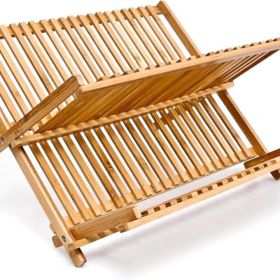 Dish Rack, 24.5 x 42 x 33 cm, Bamboo Two-Tier Foldable Drying Rack, Natural Brown